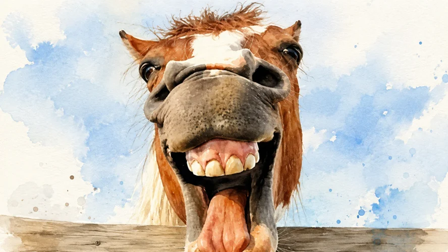 A watercolor illustration of a goofy horse making a funny face, with its mouth wide open and tongue hanging out over a wooden fence against a blue sky.